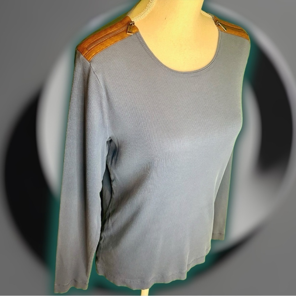 Lauren Ralph Lauren Blue Ribbed Long Sleeve Tee With Brown Suede Shoulder Zips